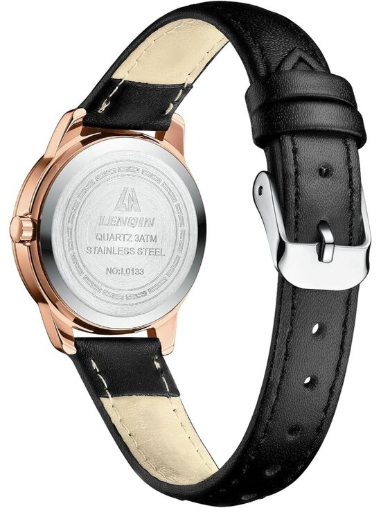 Women Black Rose Gold Leather Strap Analog Quartz Luminous Dial Waterproof Watch main image 6